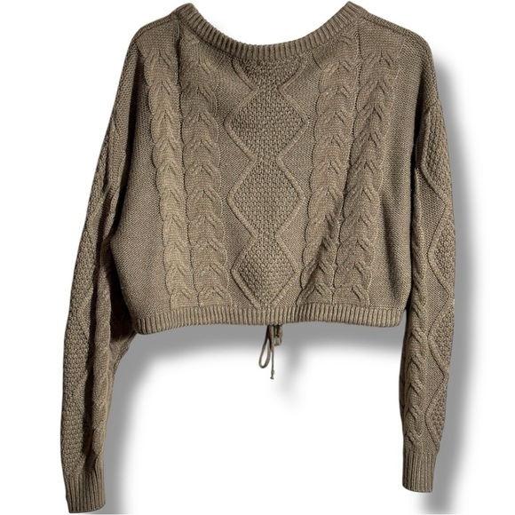 Vigoss Brown Cable Knit Front Tie Long Sleeve Cropped Crew Neck Sweater - Picture 15 of 16
